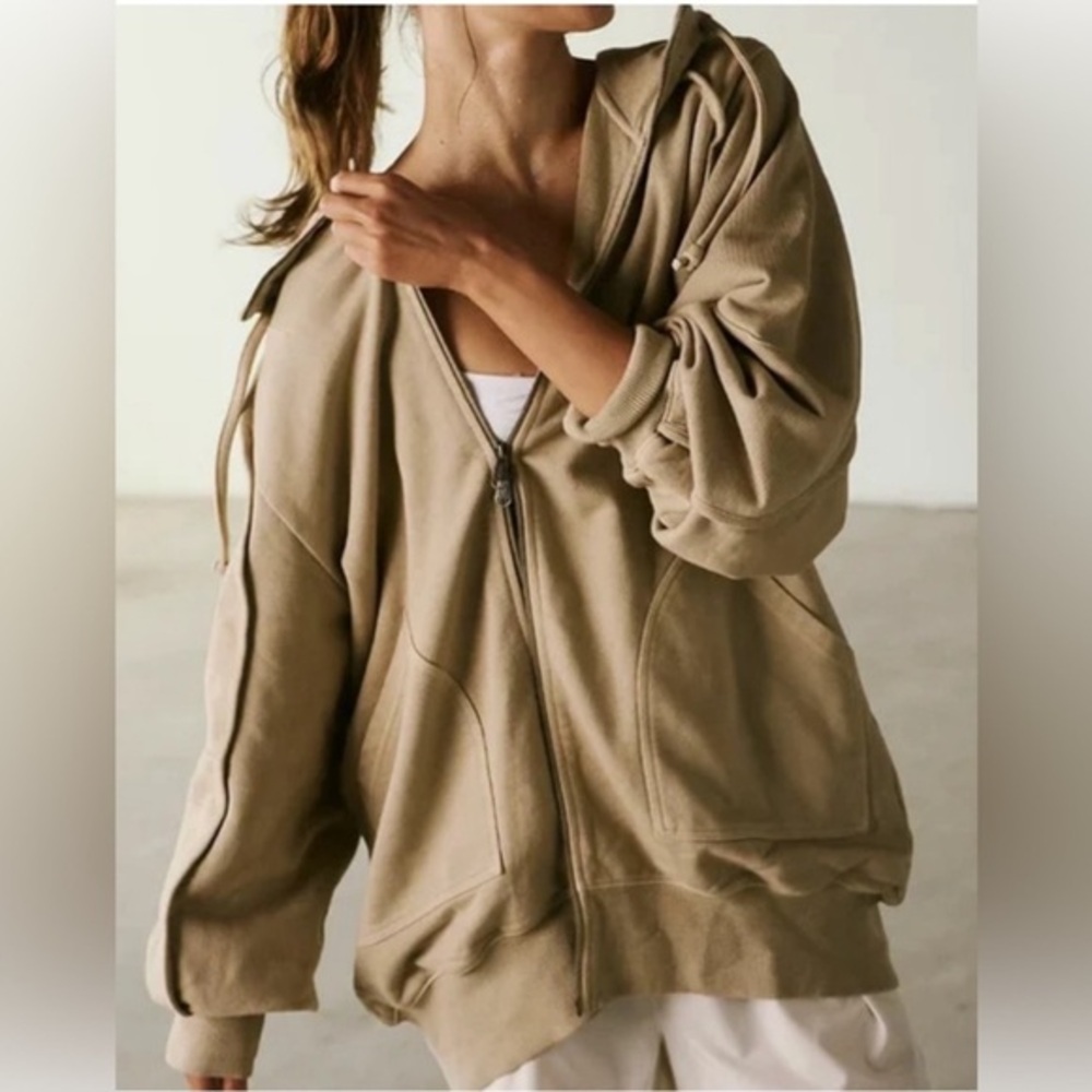 Free People Movement S tan Headliner zip up oversized hoodie sweatshirt jacket